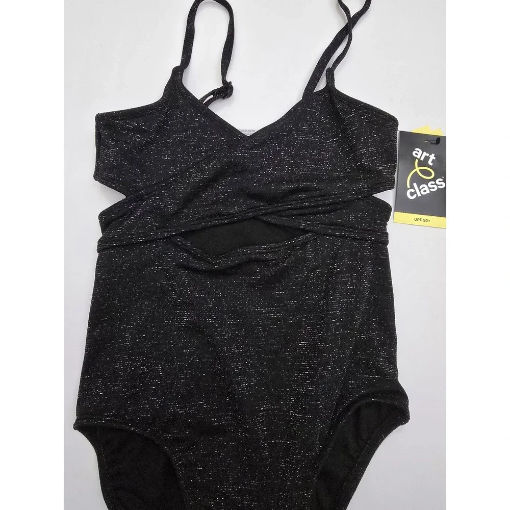 Art Class Girls Black Metallic Shimmer One Piece Swimsuit UPF 50+ M 8 NWT